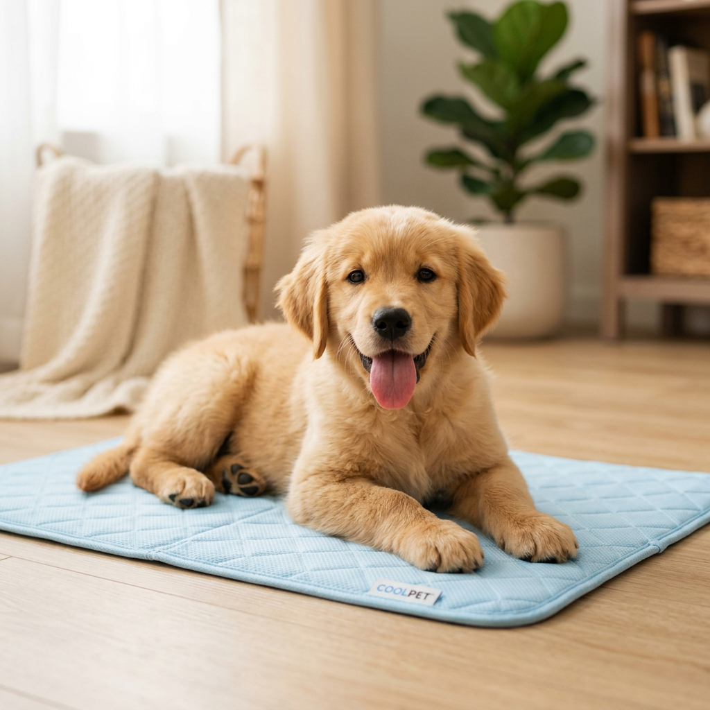 Happy golden retriever on Serevue cooling mat
